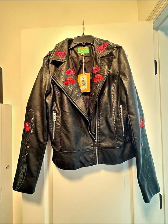 Groovy Monkey Jackets & Blazers - Embroidered Moto Jacket in Black & Red NWT